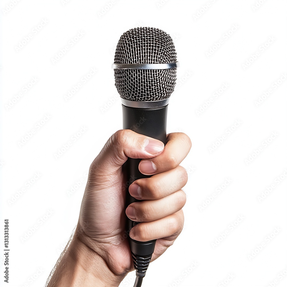 Poster A close up of a hand holding a microphone ready for performance or speech delivery : Generative AI