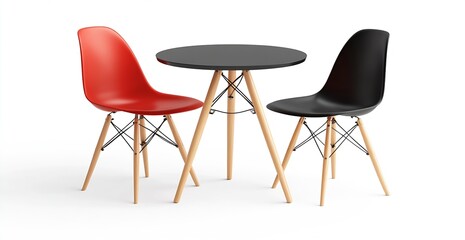 Obraz premium Trendy Minimalist Dining Set Featuring a Round Black Table and Two Assorted Chairs in Red and Black : Generative AI