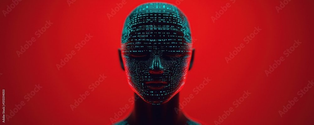 Poster a futuristic digital face composed of glowing data points against a vibrant red background, evoking 