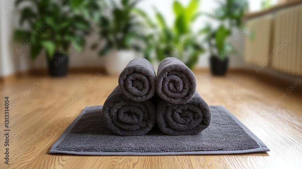 Poster neatly stacked soft towels on a wooden floor creating a warm and inviting atmosphere for wellness an