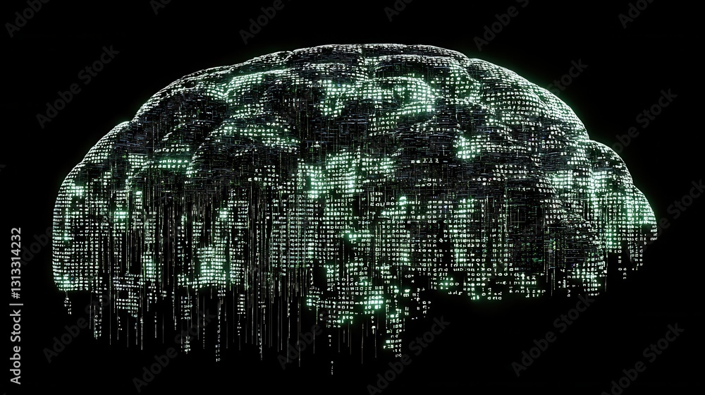 Poster a digital representation of a brain composed of glowing green data streams against a black backgroun