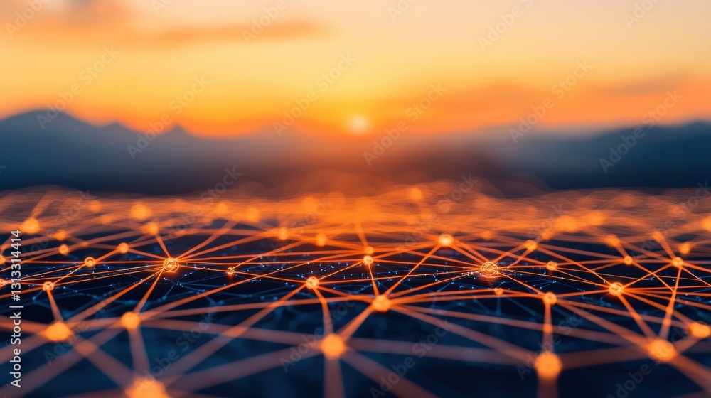 Poster a close-up view of interconnected nodes glowing against a sunset backdrop, symbolizing network conne