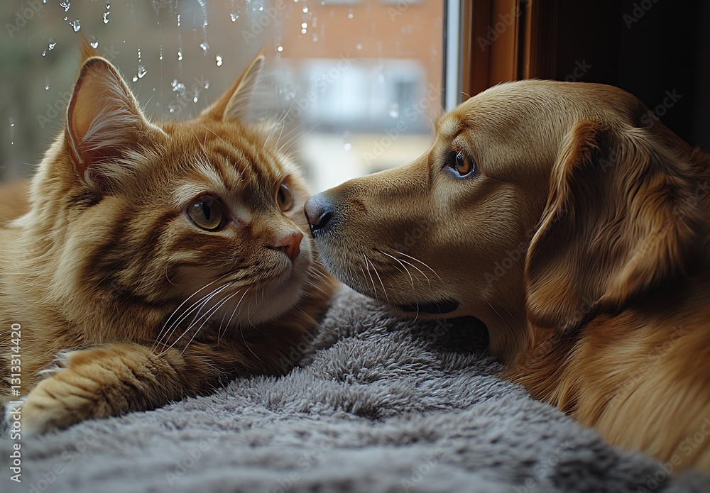 Poster cat and dog gaze at each other in cozy indoor setting by the window : generative ai