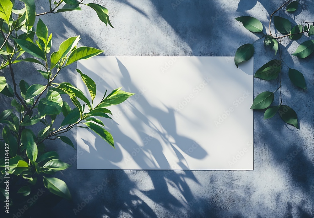 Poster minimalist layout with fresh green leaves and blank canvas on a textured concrete surface for creati