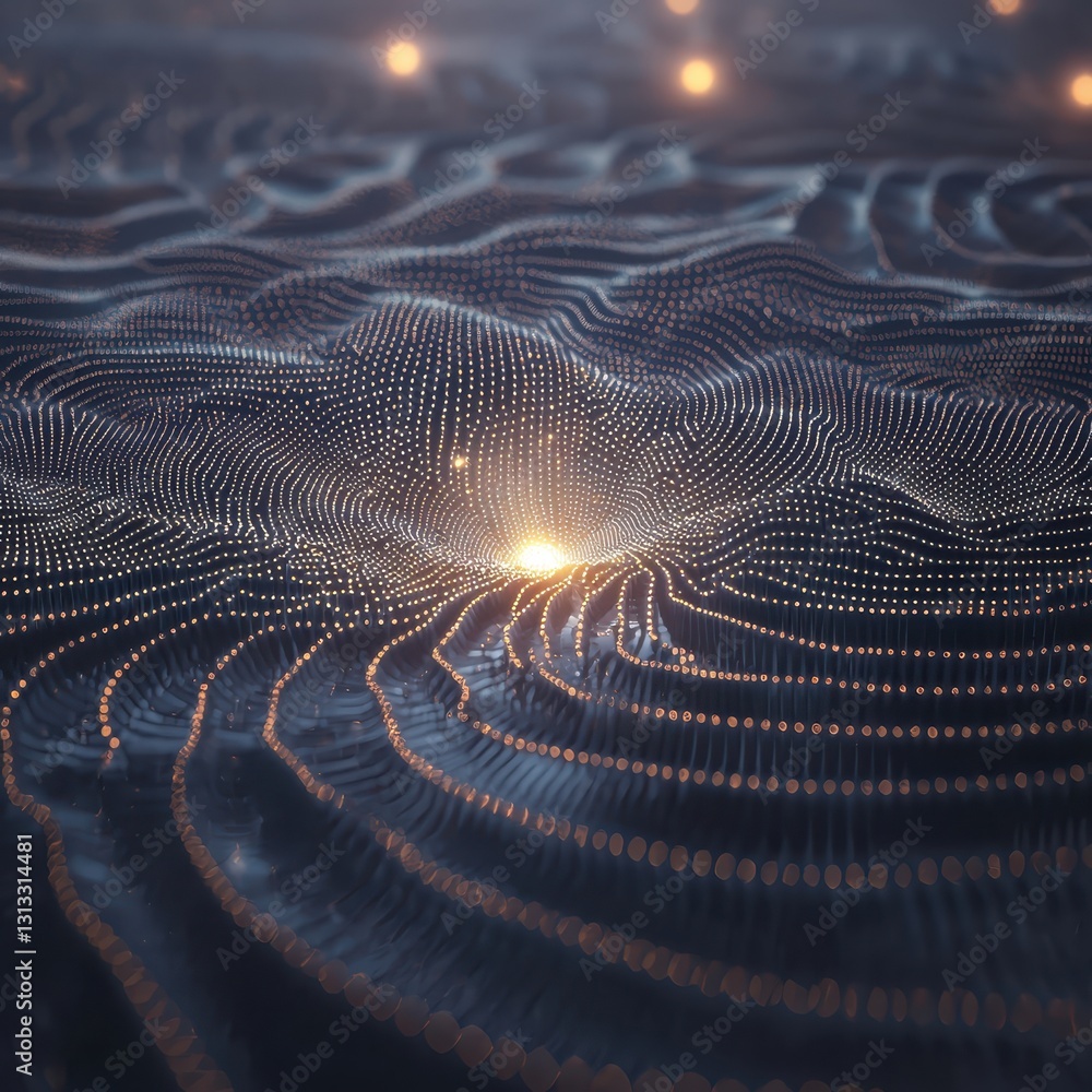 Poster abstract digital waves with bright particles and depth illusion