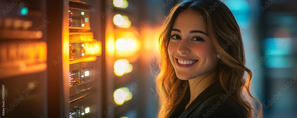 Poster smiling young woman standing next to glowing server racks in a modern technology environment showcas