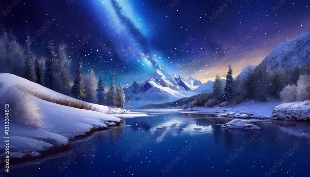 Poster a serene winter night landscape with snow-covered mountains and trees. the starry sky and milky way 