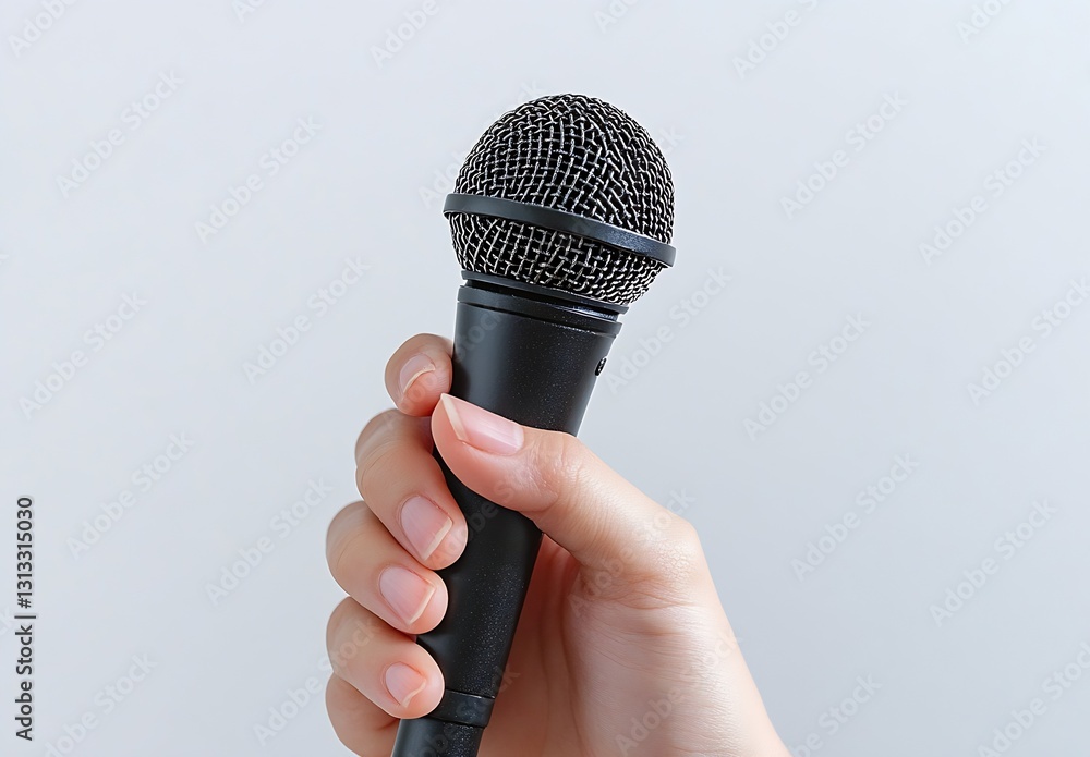 Poster detailed view of a hand grasping a sleek black microphone against a minimalistic background : genera