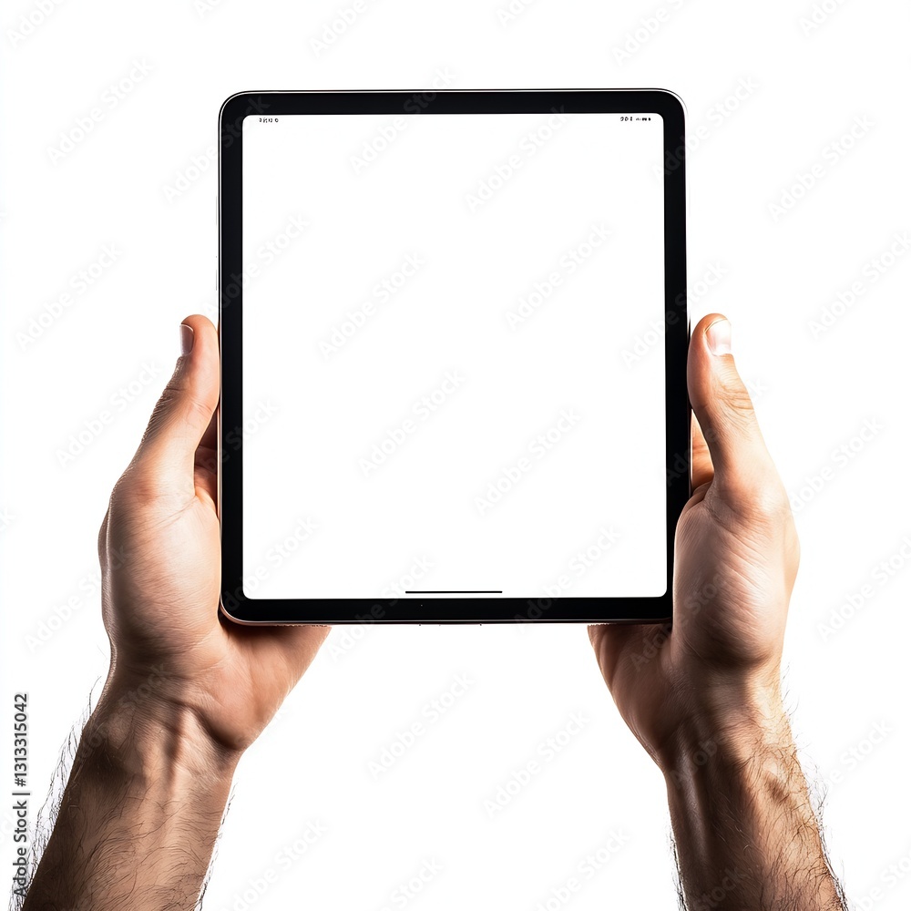 Aufkleber hands presenting a sleek black tablet with a blank screen against a white backdrop : generative ai