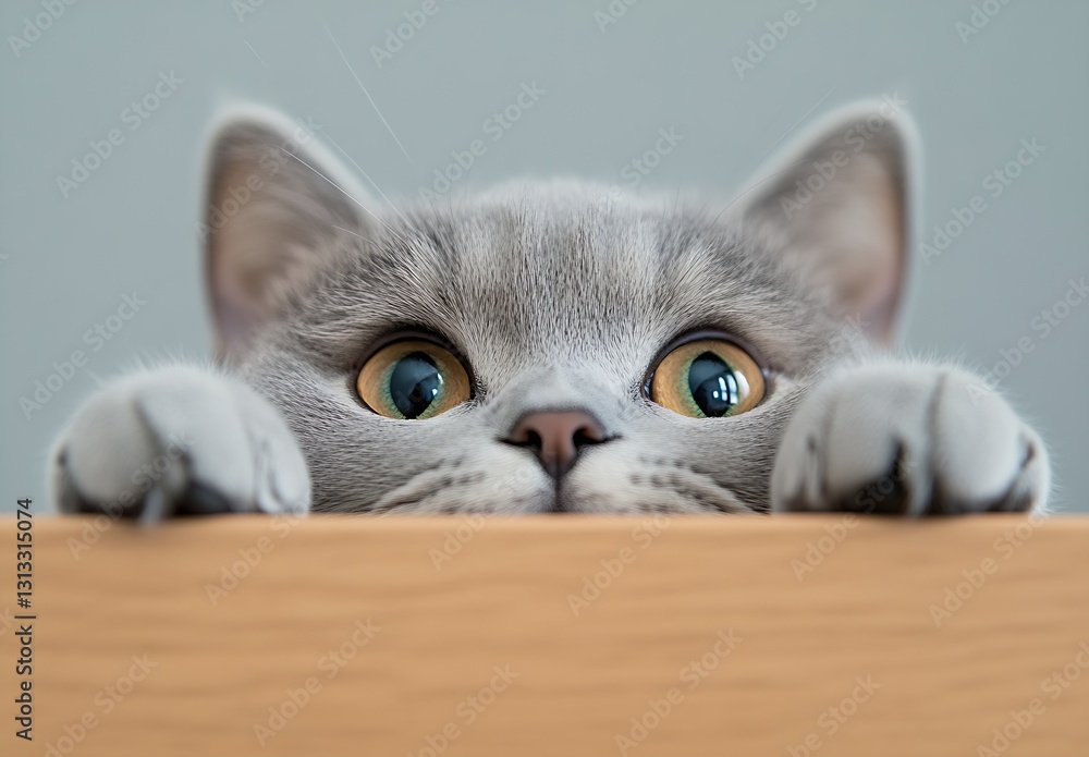 Poster curious grey cat peeking over edge of a wooden surface with striking green eyes : generative ai