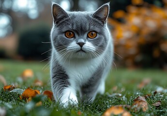 Adorable British Shorthair cat with beautiful amber eyes walking among vibrant autumn foliage in a serene setting : Generative AI