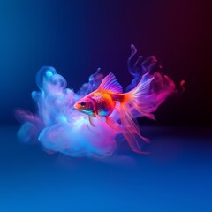 Fototapeta premium A vibrant goldfish swims amidst swirling neon smoke of pink and blue. The colorful, fluid vapor surrounds the fish in a captivating, artistic display against a dark backdrop.