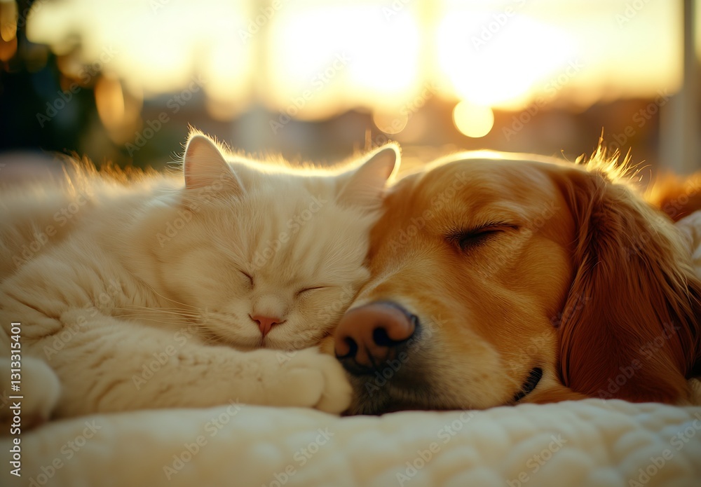 Poster adorable cat and dog cuddling together in a cozy setting with warm light : generative ai