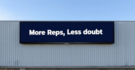 Minimalist steel billboard more reps less doubt navy blue bold white mounted entrance of elite personal training studio