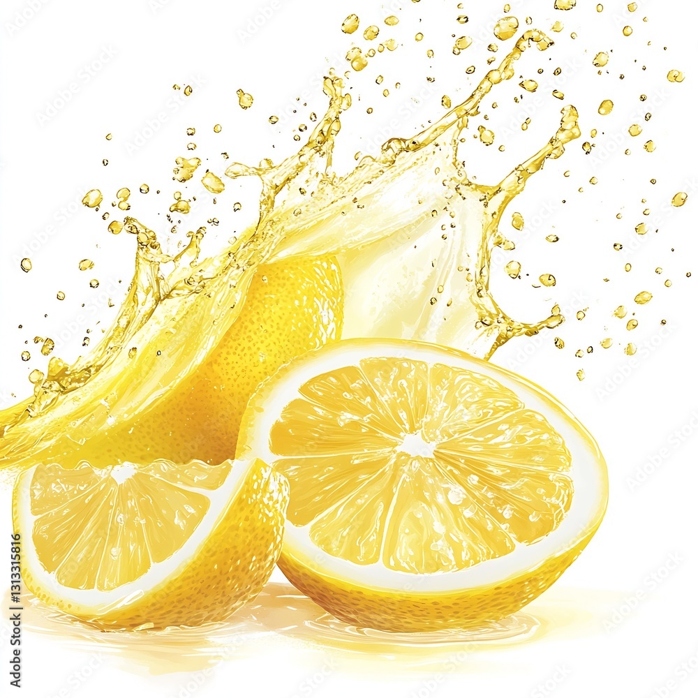 Poster vibrant lemon halves with energetic splash capturing the essence of freshness : generative ai