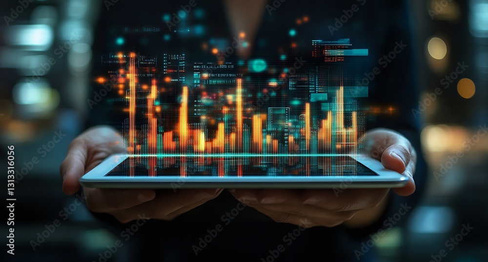 Poster Closeup image of person holding tablet with augmented reality data analytics displayed : Generative AI