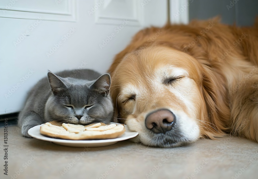 Poster golden retriever dog and gray kitten napping with a plate of cookies in a cozy home setting : genera
