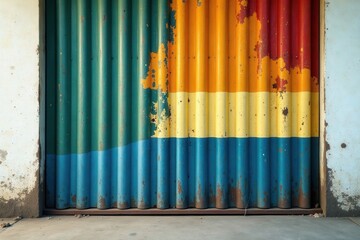 Obraz premium A Vibrant, Multicolored, Weathered Corrugated Metal Door with Horizontal Stripes of Teal, Yellow, Orange, and Red Paint Shows the Passage of Time and the Beauty of Imperfection