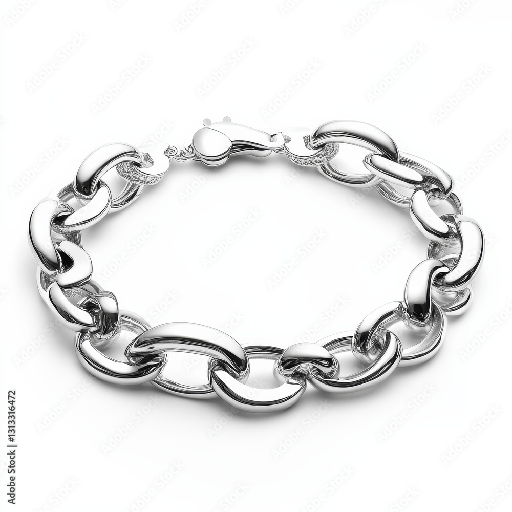 Poster A metal bracelet with a simple, elegant design that features two interlocking chain-style designs at the top and bottom of its length. 