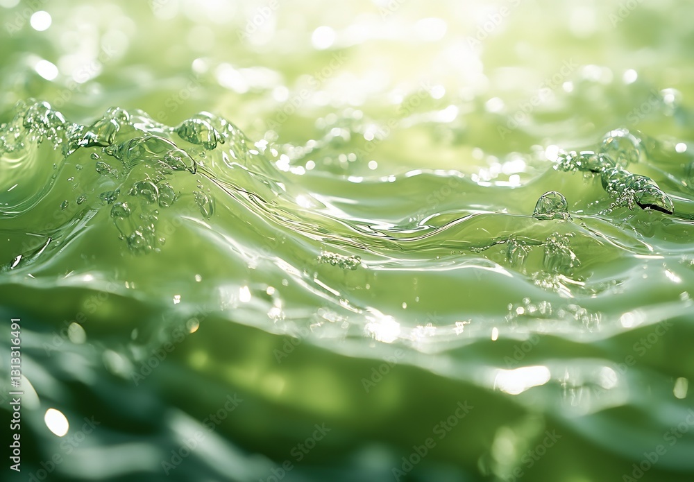 Poster Close up of smooth water surface with bubbles illuminated by sunlight creating a serene scene : Generative AI