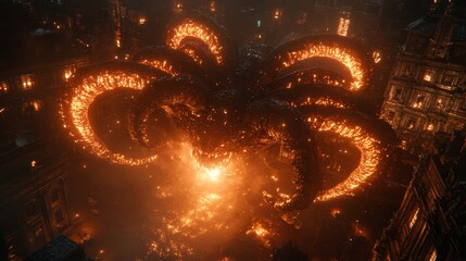 Cosmic serpents fiery celestial bodies abstract galaxy formation nebulous shapes explosive stellar birth and cosmic events