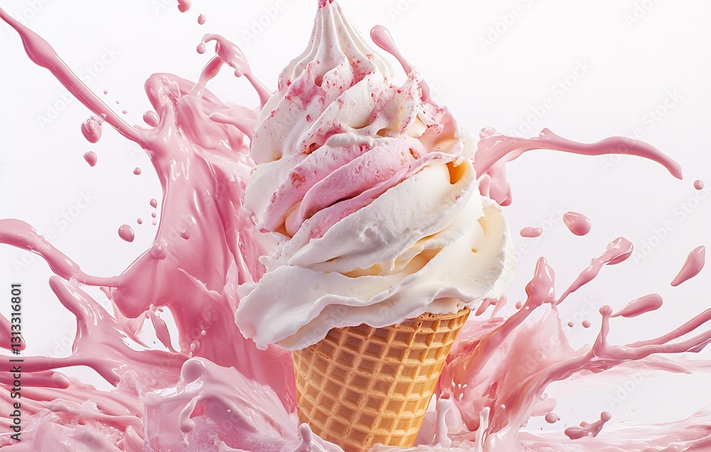 Aufkleber delightful ice cream cone splashed with pink cream in a dynamic splash of liquid : generative ai