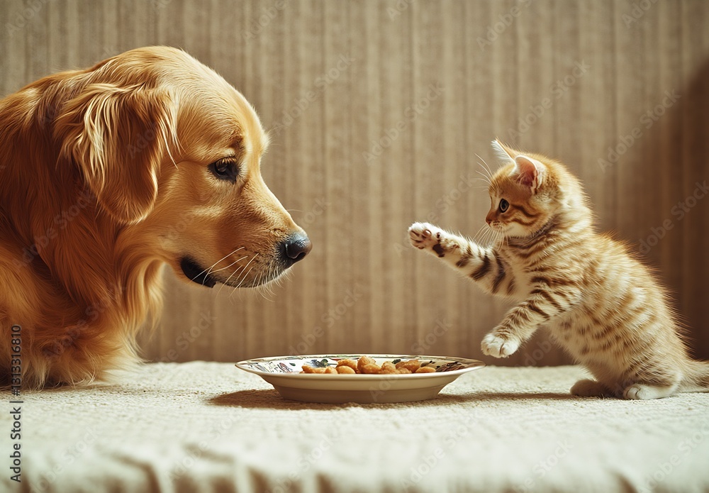 Poster kitten leaping playfully at golden retriever while sharing a plate of snacks : generative ai
