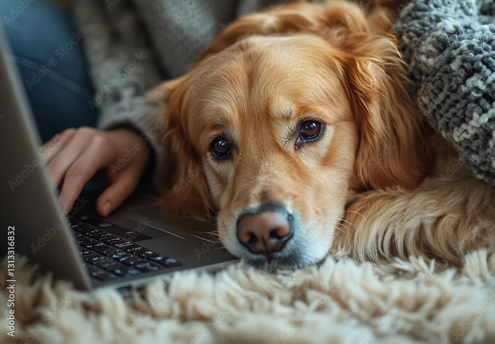Poster cozy golden retriever resting on a fluffy rug near a laptop with a person using it : generative ai