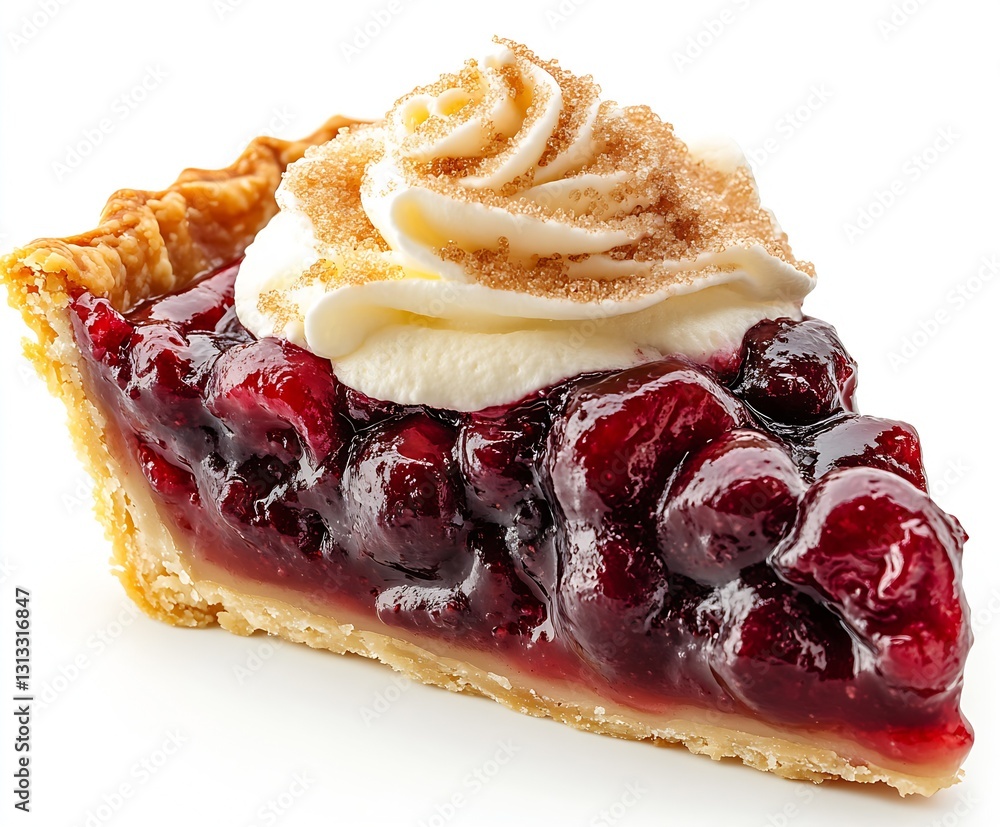 Poster delightful slice of pie filled with ripe cherries and topped with whipped cream for a sweet finish :
