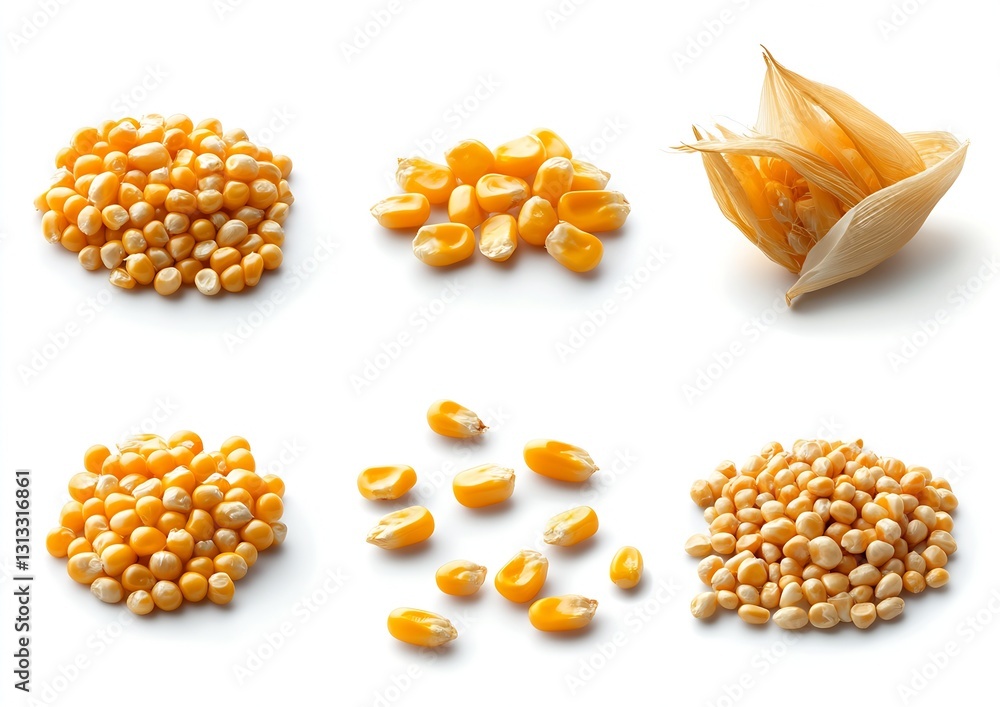 Aufkleber Various Types of Corn Kernels and Corn Cob Displayed Together on a White Background : Generative AI