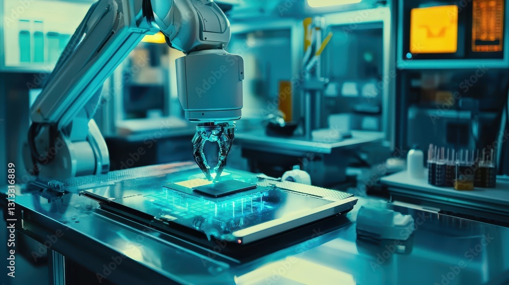 Poster robotic arm in high-tech laboratory performing precision work