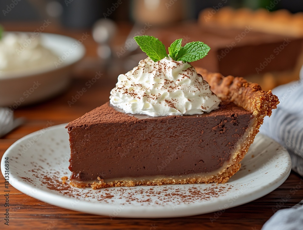 Poster irresistible slice of chocolate pie with creamy filling and topped with mint leaves : generative ai