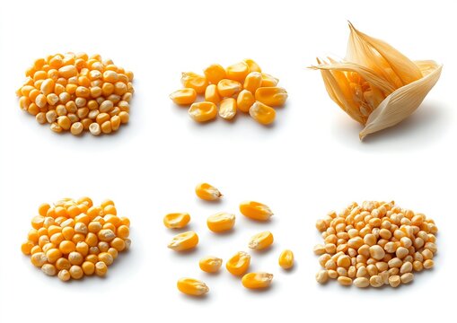 Various Types of Corn Kernels and Corn Cob Displayed Together on a White Background : Generative AI - Powered by Adobe