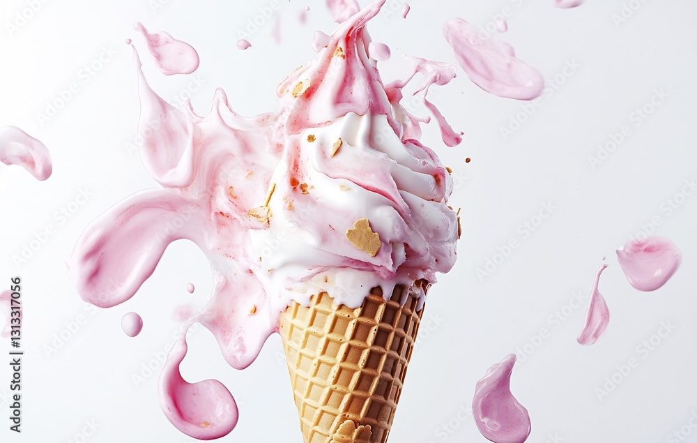 Poster Delightful ice cream cone splashing with pink cream creating a fun and dynamic dessert image : Generative AI