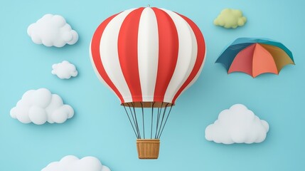 Obraz premium Playful hot air balloon floating in a cartoon sky with fluffy clouds and a vibrant umbrella against a bright blue backdrop imagery