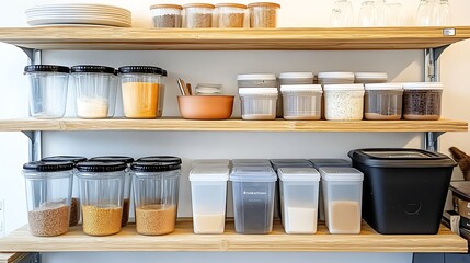Shelves of organized food containers, storage, kitchen, ingredients background, for cooking
