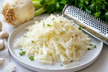 Grated Celery Root on Plate with Fresh Greens and Grater Nearby
