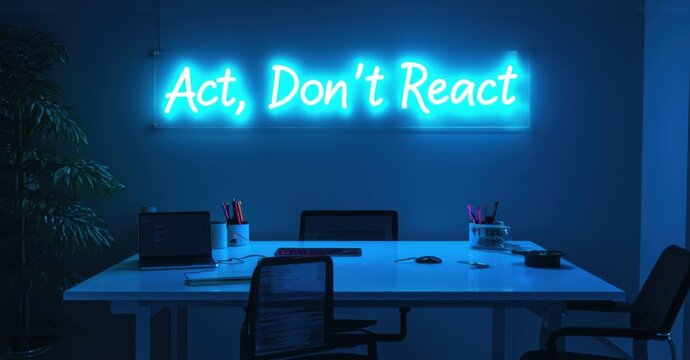 Naklejki Neon sign act don t react bright cyan pink glowing high tech workspace casting reflections sleek glass desks