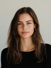 Naklejka premium Portrait of a young woman with wavy brown hair and green eyes wearing a simple black top, showcasing natural beauty and minimalistic elegance in a soft-lit studio setting