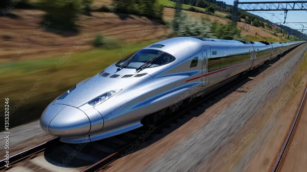 Poster dynamic video still of a high-speed train captured at a low angle, emphasizing motion and speed agai