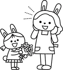 お母さんに花束を渡すウサギの女の子線画
