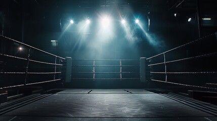 Empty Boxing Ring Bathed in Spotlight, Creating an Intense Atmosphere