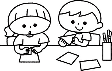 折り紙をする男の子と女の子線画