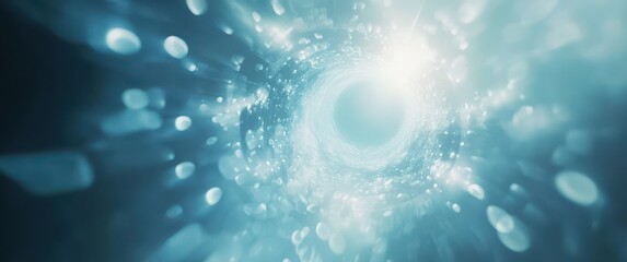 Abstract luminous vortex with soft light rays, creating a sense of depth and mystery in a digital space filled with glowing particles and blurred bubbles.