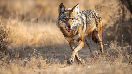 Obraz premium Swift Indian Wolf prowling through the arid grasslands its piercing gaze locked onto distant prey