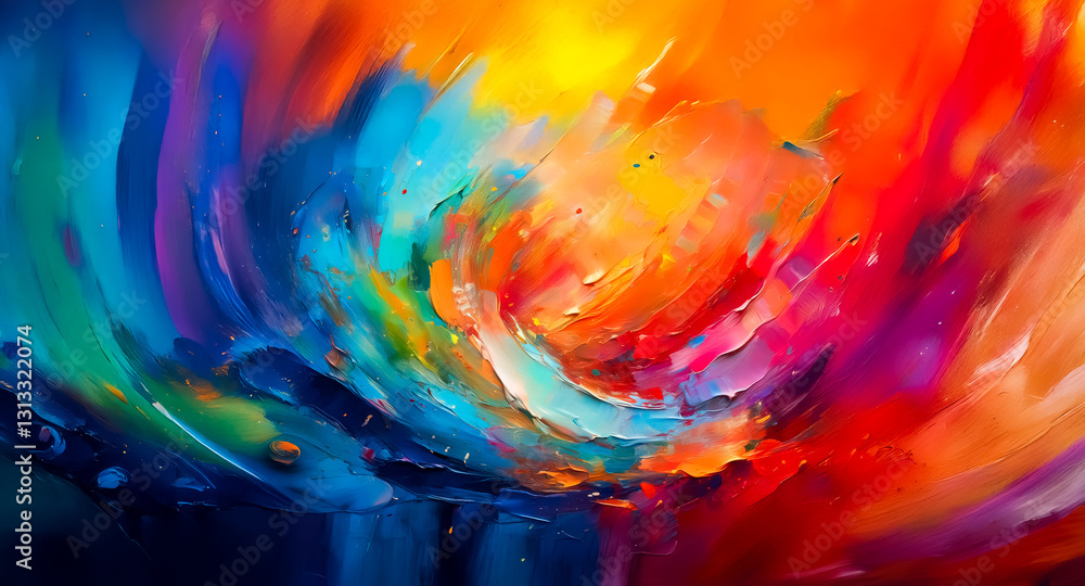 Poster Vibrant abstract art bursts with dynamic brushstrokes in a swirling motion. A spectrum of colors blend and contrast, creating an energetic and expressive visual experience. Warm and cool tones interpl