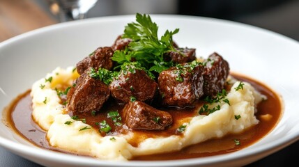 Fototapeta premium Tender Beef Stew Served on Creamy Mashed Potatoes with Garnish