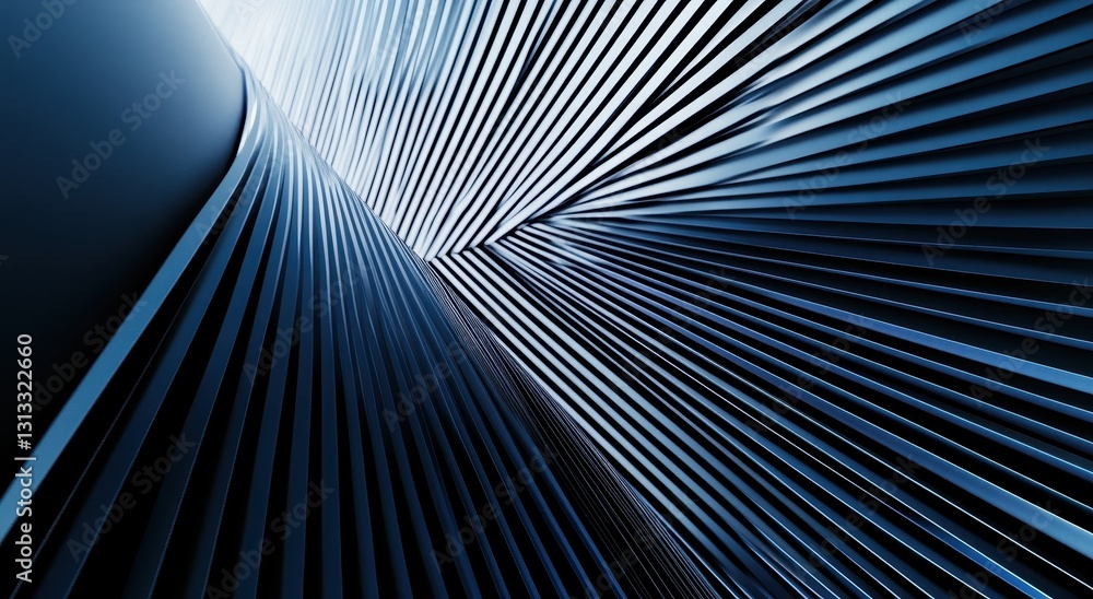 Poster abstract perspective of blue metal stripes creating dynamic lines and geometric shapes in modern arc