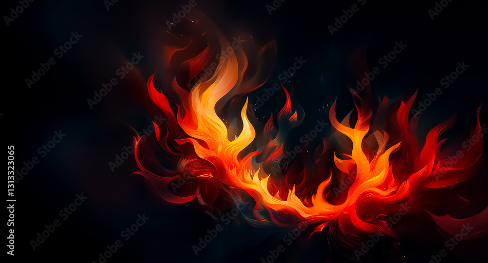 Poster vibrant digital artwork featuring stylized red and orange flames dancing against a dark backdrop, cr