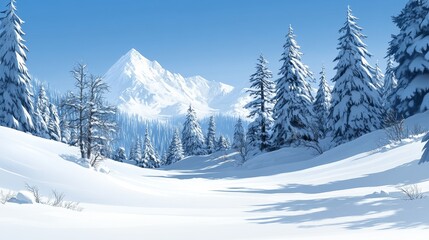 Fototapeta premium Serene winter wonderland landscape illustration showcasing snow-covered evergreen trees and majestic snow-capped mountain vistas
